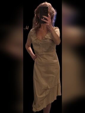 Cop Copine Avant Garde Beige Boho Short Sleeve Midi Dress Taille 40 (Small)